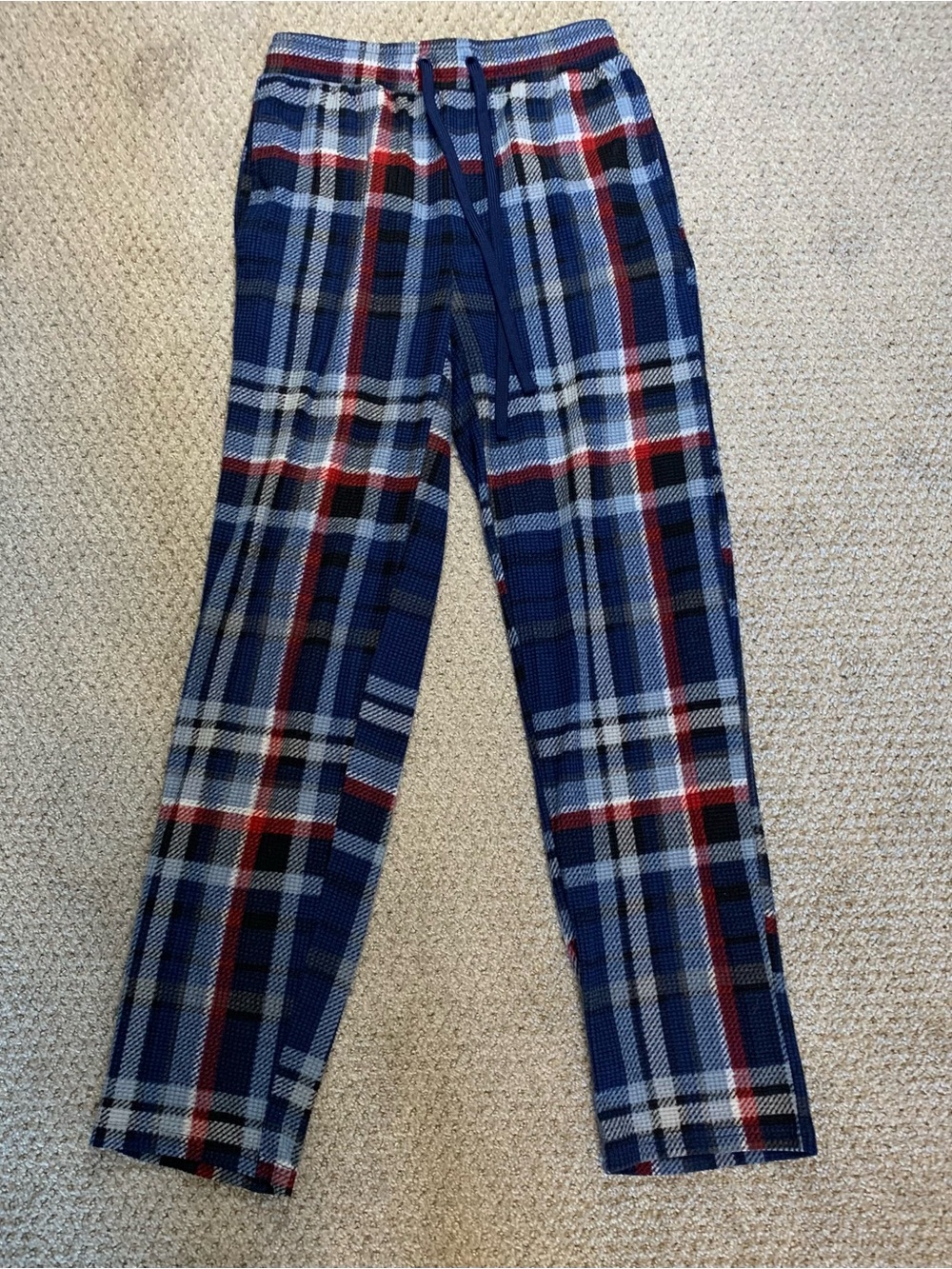 George Blue Plaid Drawstring Joggers with Red & White Accents
